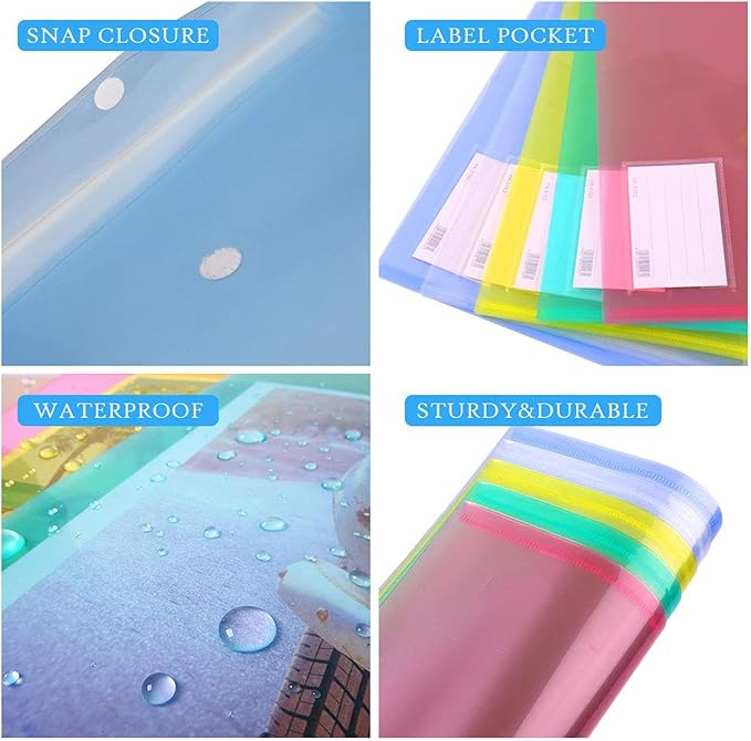 10 Pack Plastic File Folders with Pockets, Colorful Hook & Loop Closure Envelopes, Clear Poly Document Folders Letter/A4 Size, Waterproof Tear-Proof Organizers for Teacher Supplies, Office & School