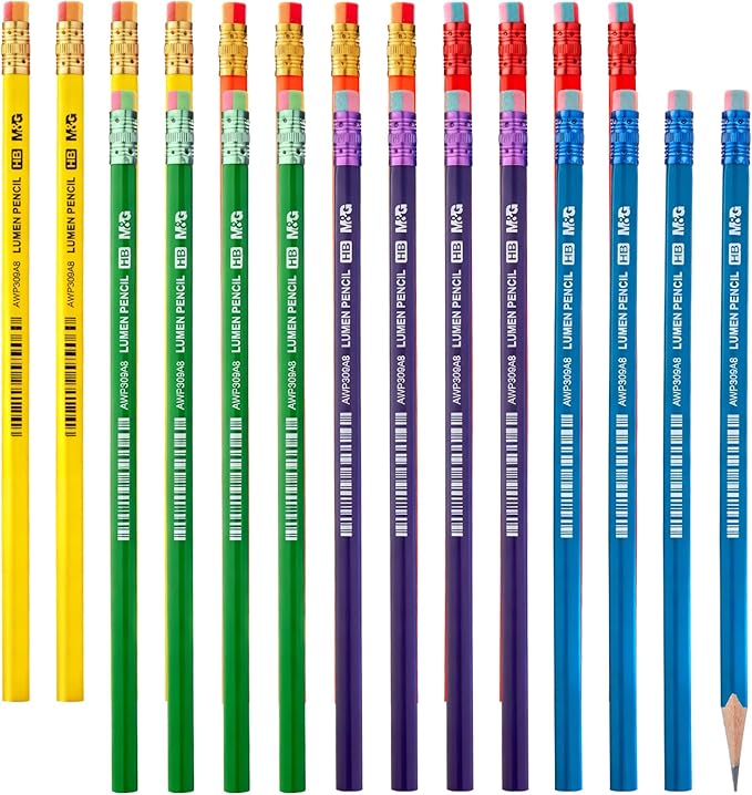 M&G Lumen Series 24 Pack HB Triangular Wood-Cased Pencils, Unsharpened with Multi-Color Erasers, Smooth Writing Break-Resistant Core, 6 Solid Bright Colors for School Office Classroom Supplies