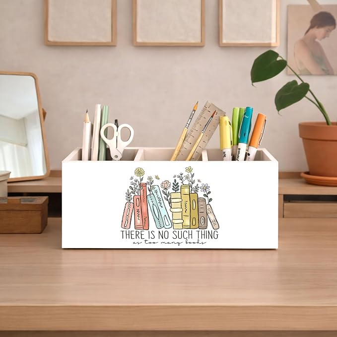 Books & Flowers Pen Holder, Inch Desk Organizer, “There Is No Such Thing as Too Many Books” Colorful Desk Storage for Pens, Pencils, Scissors – Teacher, Student, Book Lover Gift