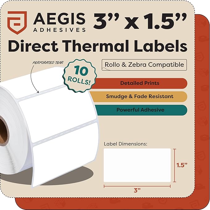 Aegis Adhesives - 3" X 1.5" Direct Thermal Labels (9000 Count, 10 Rolls) - Inventory SKU Barcode Labels, Address Stickers, and Shelf Identification - Compatible with Zebra and Rollo Printers