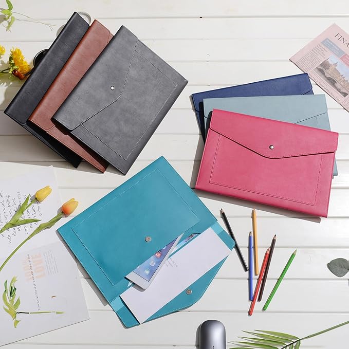 Wason Expanding A4 Document File PU Leather Envelope Case Holder-Large Size Pockets for Paper Bills Stationery Tablet and PC, Work Study Traveling (Cyan)