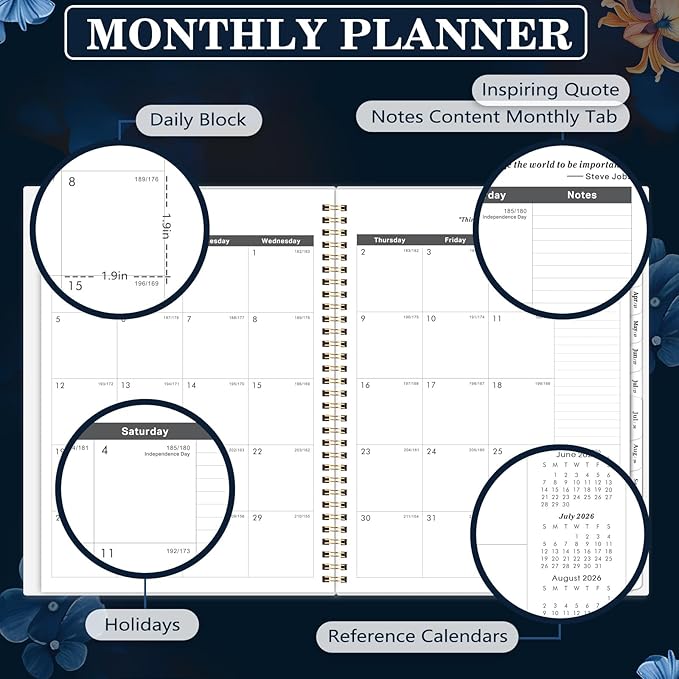 Monthly Planner/Calendar 2026-2028 - Monthly Calendar 2026-2028, July 2026 - June 2028, 9" x 11", 2 Years monthly Planner with Tabs, Contacts + Back Pocket + Twin-wire Binding - Floral
