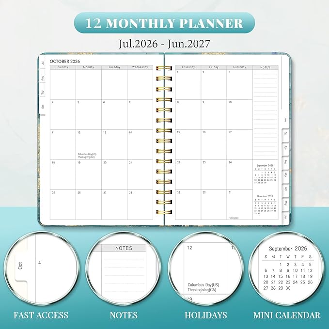 Lonely Oak Academic Planner 2026-2027, Daily Weekly and Monthly Agenda Planner 6.18" x 8.5" with Tabs, 12 Months Spiral School Year A5 Calendar from Jul.2026 to Jun.2027 for Student and Teacher (Grey Marble)