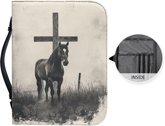 Retro Cross Horse Bible Cover for Women, Soft Leather Bible Case with Zipper Pockets for Pens Waterproof Religious Scripture Carrier for Outdoor Church Events