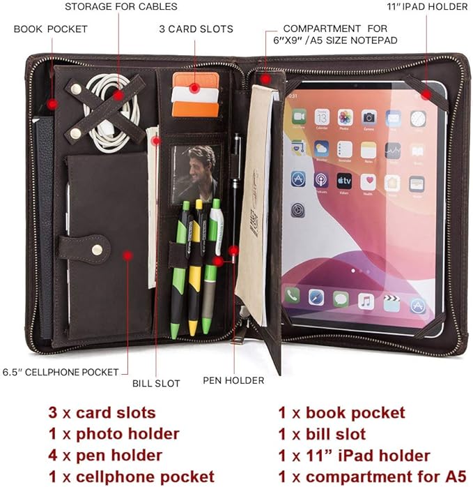 Leather Portfolio Padfolio for ipad Pro 11" Genuine Leather Smart Folio for 11-inch ipad pro 11 case with Pencil Holder Zipper Pocket Multifunctional Case for iPad 11/iPad 10.5/iPad 9.7