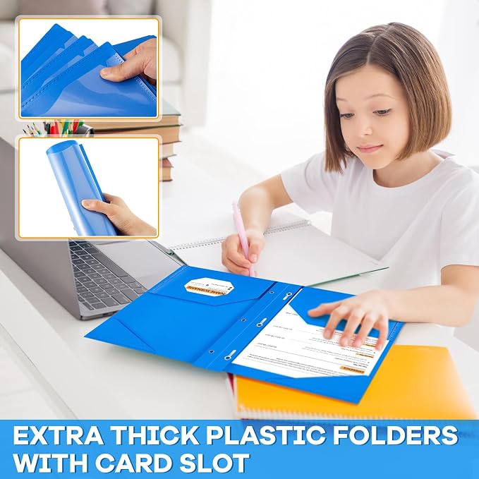 Henoyso 100 Pcs Plastic Folder with Clear Front Pocket and 3 Prong Plastic Folders with Card Slot Pocket Folders with Prongs for School Office (Blue)