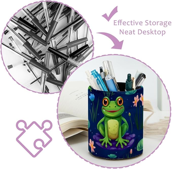 Pencil Holder for Desk, Cute Frog Pen Cup Makeup Brush Holder, Leather Desktop Organizer Storage Case Stationery for School Home Office Supplies