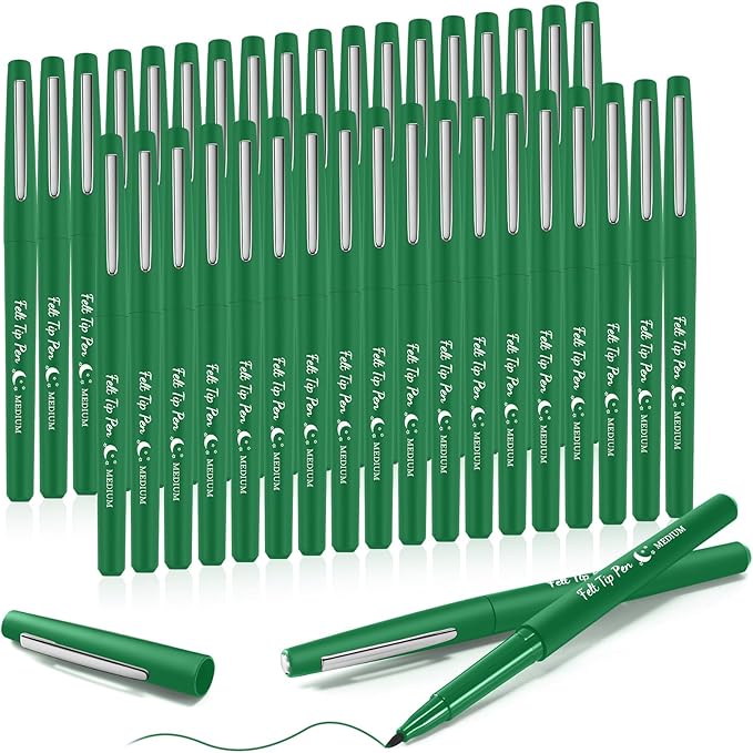 Fuyoooo 36 Pcs Green Felt Tip Pens 0.7mm Medium Point Felt Tip Marker Pens Bulk, No Smear, Quick Dry for Journaling Planner Writing Note-taking Art Office and School Supplies