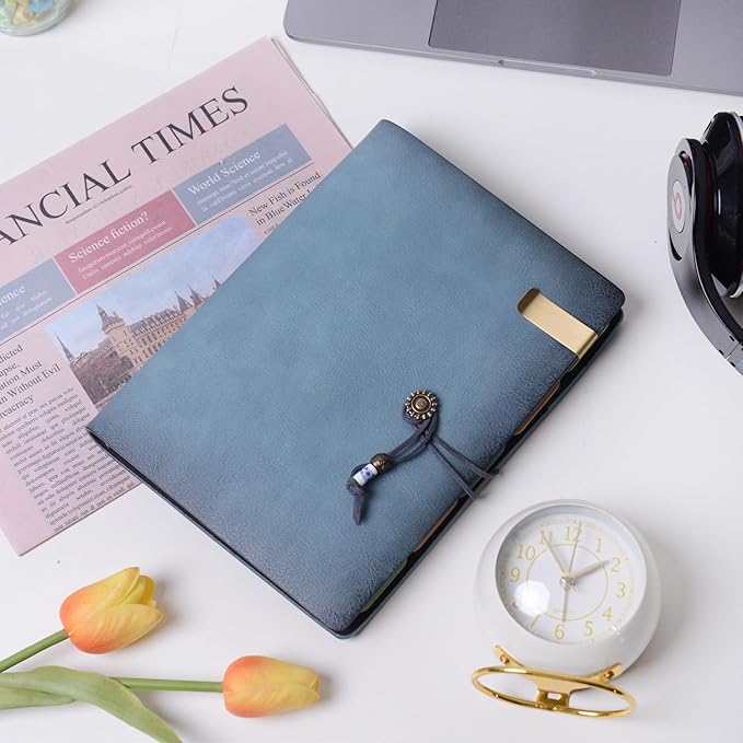 WONDERPOOL Leather Journal Lined Paper Notebook & Pen - Refillable 6 Ring Binder Writing Spiral Diary with Ruled Notepads Vintage Cover for Office Travel Work and Plan Agenda (A5, a-Cyan)