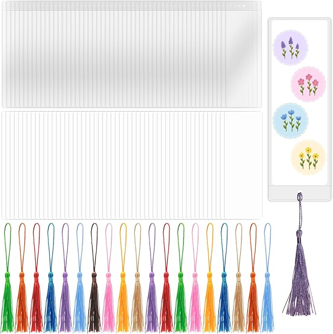 DSYIL Blank Bookmarks Making Kit, 50 Pcs Paper Bookmark to Decorate, 50 Colorful Tassels, 50 Pcs Clear Bookmark Sleeves for DIY Book Mark Projects and Gift Tags, 5.5 x 2 inches