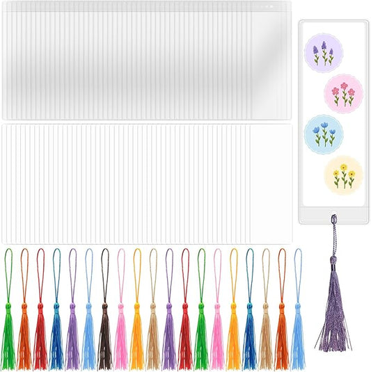 DSYIL Blank Bookmarks Making Kit, 50 Pcs Paper Bookmark to Decorate, 50 Colorful Tassels, 50 Pcs Clear Bookmark Sleeves for DIY Book Mark Projects and Gift Tags, 5.5 x 2 inches
