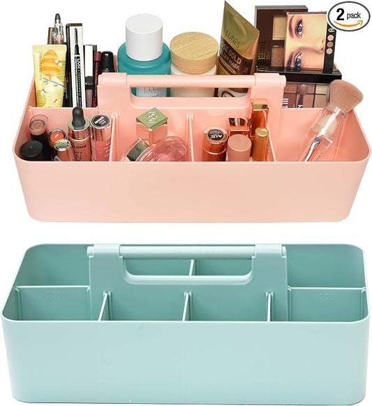 Portable Caddy Organizer -2 Stackable Plastic Caddy with Handle | Desk, Makeup, Dorm Caddy, Classroom Art Organizers (Made In Usa) (Mint/Indie Pink)