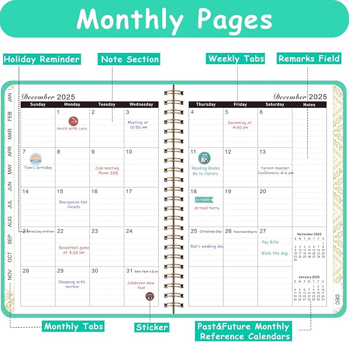 Daily Planner 2025-2026, Monthly and Weekly Calendar Planner with Tabs, July 2025 - Jun 2026, Inner Pocket, 6.2" x 8.5" A5 Size, Perfect for Office Home School Supplies, Spiral Bound, Aquamarine ﻿ ﻿