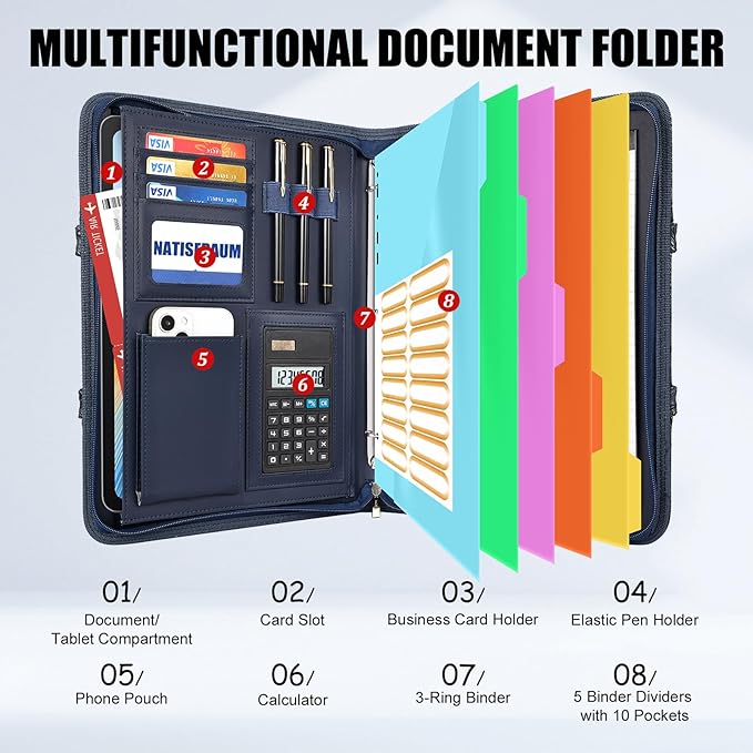 Portfolio Binder 3 Ring Includes Pen and 5 Dividers with 10 Pockets, Padfolio Organizer with Magnetic Handle for Men and Women, Includes A4 Notepad for Business, School, Work