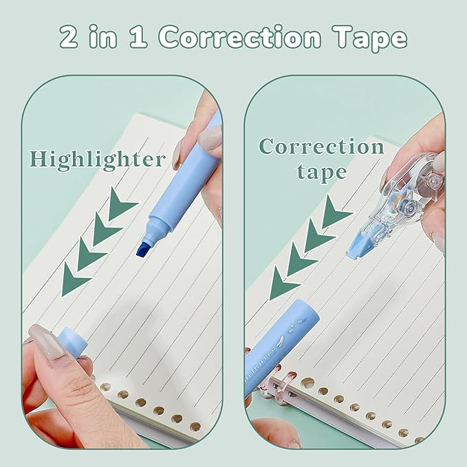 Temiary 3 Pcs 2 In 1 Aesthetic White Correction Tape and Pastel Highlighters Set, Smooth Pull Out Tape with Highlighter Pen for Bible Journaling School, Home, and Office Supplies (Multicolored)