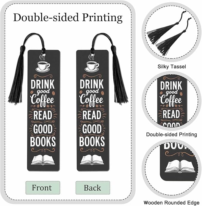 Drink Coffee Bookmarks Set 5 with Tassels Good Books Black Wooden Bookmarks for Reading Women Men Students Teachers School Supplies