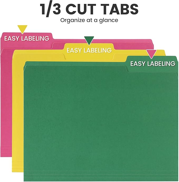 Colored File Folders 8 Packs, Letter Size, 1/3 Cut Tab. Chromatic Manila Folders 8.5 x 11 for Documents, File Folders with Foldable Lines for Easy Storage, Carpetas para Documentos for Office, School