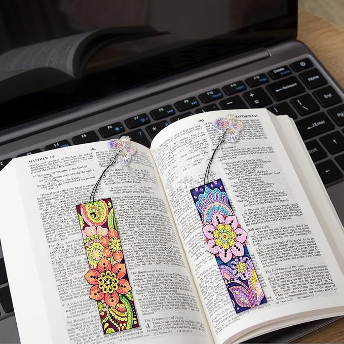 6PCS Mandala Diamond Painting Bookmark DIY Diamond Art Kits for Adults, Acrylic Diamond Art Bookmarks with Pendant for Book Lovers