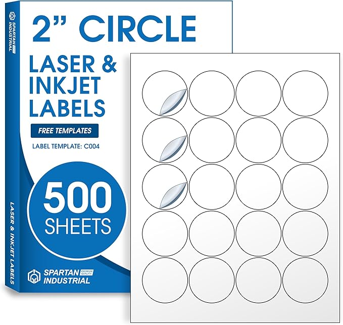 2" Printable Round Labels for Laser and Inkjet Printers - 10000 Blank Labels, 500 Sheets for Thank You Stickers, Price Tags, QR Codes, Business Logos - Spartan Industrial Template C004