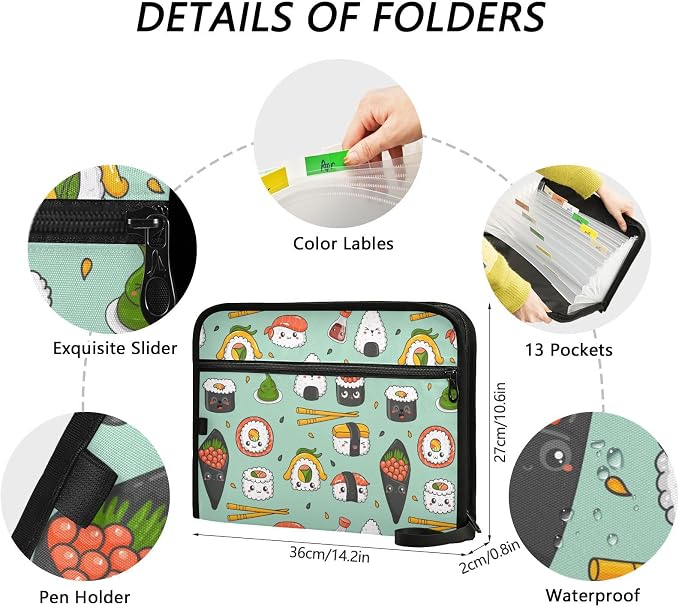 Kawaii Sushi File Folders,Plastic Folders with 13 Pockets,Expandable File Folder for Documents School Students Office,Aesthetic Folder with Labels A4 Letter Size