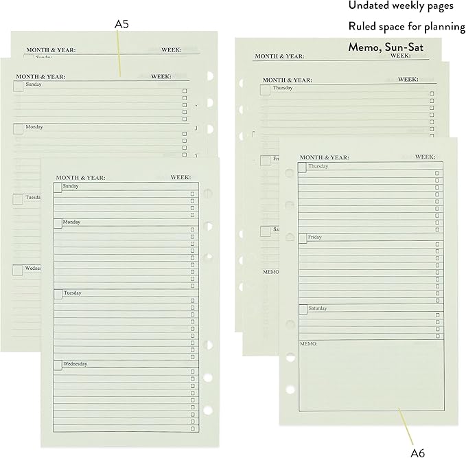 90+54+14 A5 Refill Paper with Undated Monthly Weekly Calendar Planner Inserts, 6 Ring Loose Leaf Lined Filler Paper Refillable for Binder Planner Journal Agenda Notebook