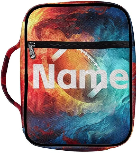 Coldinair Custom Bible Cover for Kids Boy Personalized Bible Case Bible Carrier Carrying Organizer Purse Handbag with Zipper Pockets Church Bag,Soccer Fire Flame