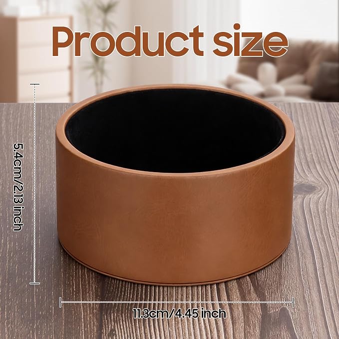 Premium Leather Paper Clip Holder for Desk - Round Brown Paperclip Dispenser Organizer, Shatterproof Desk Accessories Binder Clip Holder for Push Pins, Hair Clips, Trinkets & Jewelry