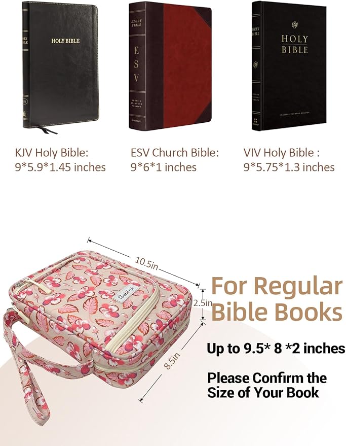 Bible Cover Case for Women, Church Book Pink Floral Bible Bag,Bible Carrying Case for Bible Accessories, Bible Book Cover with Zipper Pockets for Gils fits Bible Size Up to 9.5"x8"x2"