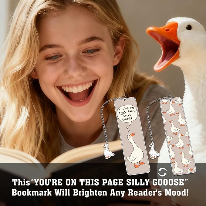 Funny Cute Bookmarks Book Marks for Reading Women Men Book Accessories for Reading Lovers Book Lovers Bookish Gifts for Women Readers Book Marker Reading Accessories Silly Metal Bookmarks Goose 2-Side