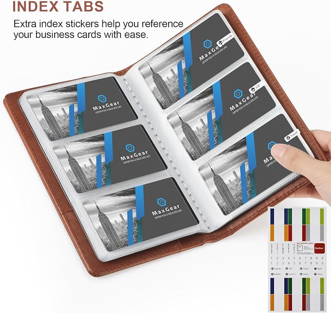 MaxGear Business Card Organizer Book, Holds 240 Cards, Portable PU Leather Business Card Holder with Clear Sleeves, Professional Card Binder for Office, Meetings, Networking, Coffee