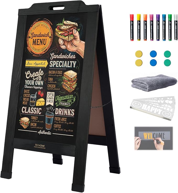 Magnetic Portable A-Frame Chalkboard Signs, 40" x 20" Large Wood Sandwich Board Signs Outdoor, Double-Sided Sidewalk Standing Chalk Board for Business, Wedding, Vendor Display, Coffee Shope - Black
