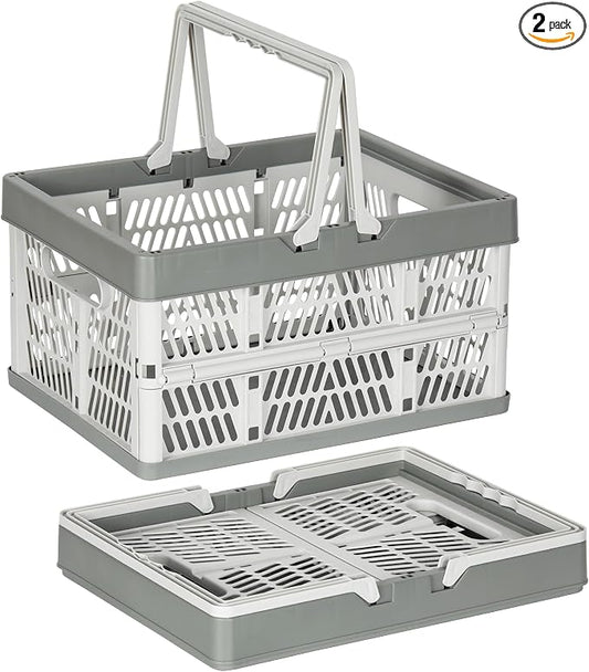Heavy Duty Plastic Milk Crates for Storage, 2-Pack Stackable Storage Bins for Organizing, Collapsible Shopping Basket with Handle for Groceries, Suitable for Home Office School Store, Gray