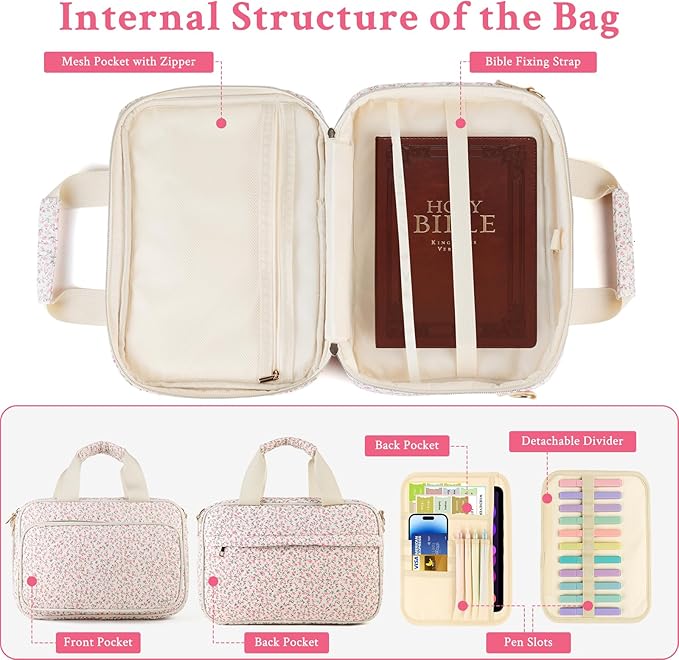 Bible Cover Case for Women, Large Quilted Bible Bag with Bible Study Supplies 5*Sticker & 5*Highlighter & 5*Pen, Stylish Church Bag Journaling Kit, Mothers Day Christian Gifts (Pink Floral)