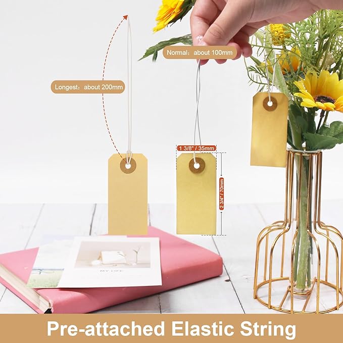 Manila Paper Tags with Elastic String - Coideal 200 Pcs Small Hang Price Tags Attached Reinforced Hole, Blank Marking Shipping Label for Hanging Gift Clothing Jewelry (2 3/4" x 1 3/8")