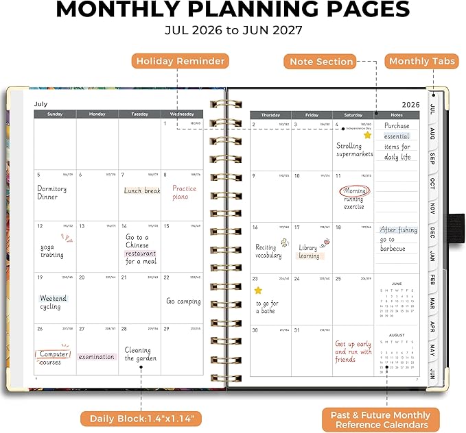 AHGXG Academic Planner 2026-2027, July 2026 - June 2027, Weekly and Monthly, 5.7" x 8.3", Hardcover, Spiral-Bound, Calendar, Agenda for Women, Student, School, 12-Month Tabs (Colourful Tree)