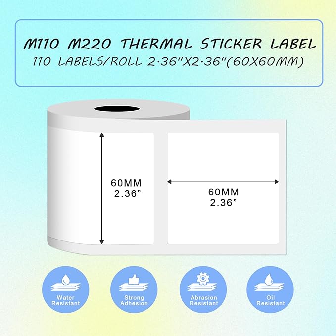 Thermal Labels Compatible with NIIMBOT B3S/K3 Label Printer,Compatible with Phomemo M221/M220/M120/M200/M250 Label Printer,2.36"x2.36"(60x60mm), 110 Labels/Roll, Black on White