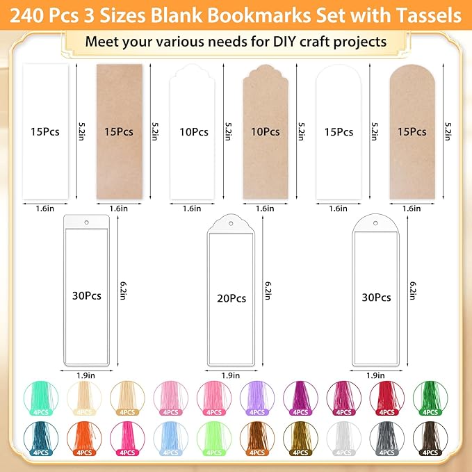 240 Pcs Kraft Paper Blank Bookmarks, 3 Sizes 2 Colors Bookmark Making Kit with 80 Pcs Clear Bookmark Sleeves & 80 Pcs Colorful Tassels, Paper Book Mark Bulk for DIY Crafts, Gift Tags, School Projects