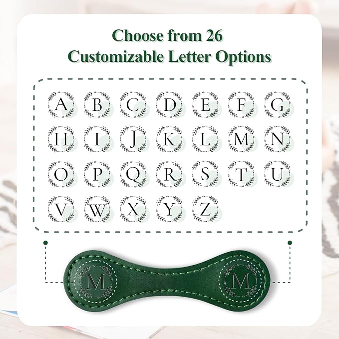 Personalized Leather Magnetic Bookmark with Pen Holder – Custom Initial Design for Readers（Green-P）