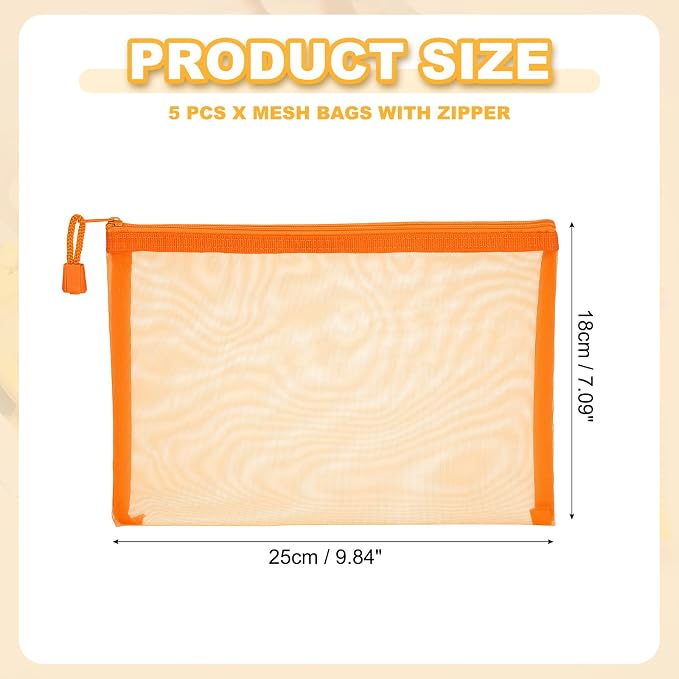 PATIKIL A5 Mesh Zipper Pouch Bags, 5 PCS Mesh Bags with Zipper Plastic Storage Pocket for Organizing File Beads Office Home Supplies, 18x25cm, Orange
