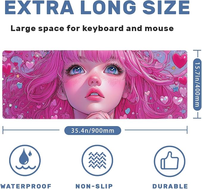 Anime Girl Gaming Mouse Pad 35.4 x 15.7 Inches Kawaii Pink Hair Heart Eyes Love Desk Mat Mouse Mat XXL Laptop Keyboard Pad, Laptop Keyboard Mousepad Aesthetic Accessories for Women