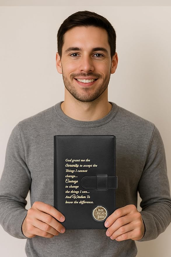 GALILEO® Double AA Big Book Cover & 12 Steps & 12 Traditions | AA Gift | Alcoholics Anonymous | PU Leather | Coin Holder | AA Book Covers for Hardcover (Serenity Prayer/Coin Pocket/Black)