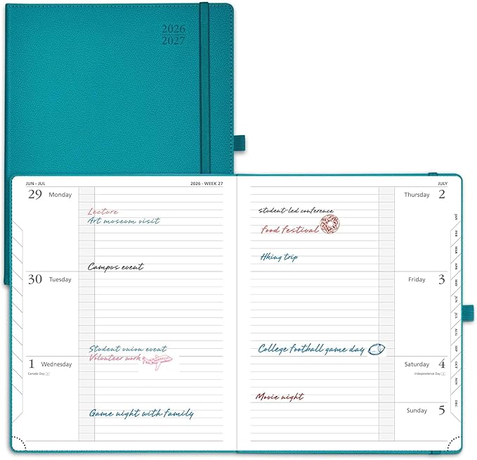 POPRUN Planner 2026-2027 (Large 8.5"x 10.5"), Horizontal Weekly Notebook Jul.2026 - Jun.2027, Academic Appointment Book with Monthly Tabs, Leather Hardcover, Inner Pocket - Pacific Green