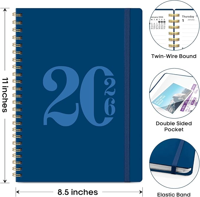 2026 Planner, Weekly and Monthly Calender Planner, Jan 2026 to Dec 2026, Hardcover 2026 Calendar Book with Tabs & Inner Pocket, Office Home School Supplies for Women & Men - A4 (8.5" x 11"), Navy Blue