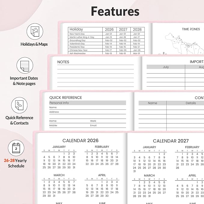 SUNEE 2026-2027 Pocket Weekly Planner for Purse 3.5" x 6" - 12 Month (July 2026 - June 2027) Academic Year Calendar, Pocket Size Planner, Hardcover, Note, 100 GSM Paper, Pink