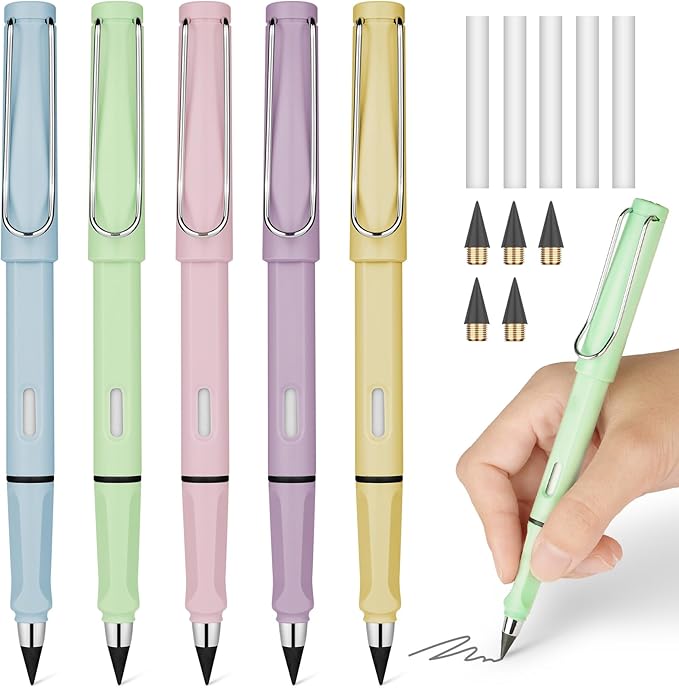 Ainiv Inkless Pencil with Eraser, 5 Sets Infinity Pencil Everlasting Pencil, Reusable Infinite Pencil with Extra 5 Eraser & 5 Replaceable Nibs, Endless Pencil for Home Office School Writing Drawing