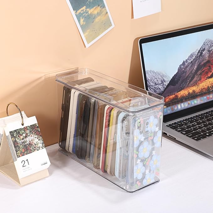 BTSKY Clear Phone Case Organizer Stackable Storage Box with Lid for Cell Phone Cases Multifunctional Phone Case Storage Holder for Desk Accessories Plastic Storage Box for Table, Cupboard, Cabinet