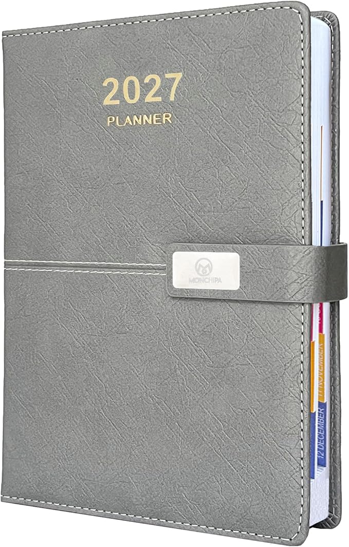 2027 Daily Planner - One Page per Day, 2027 Hourly Daily Calendar(Jan-Dec 2027), 5.7" x 8.26" Appointment Book, Leather Cover + Thick Paper (Grey)