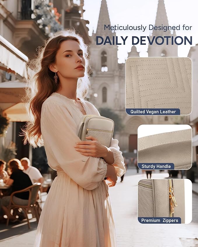 BellaHold Quilted Vegan Leather Bible Cover, Color-Blocked Bible Cover Case for Women, Bible Carrying Case with Handle, Bible Study Supplies & Christian Gift for Women and Girls (Desert Taupe, TS/S)