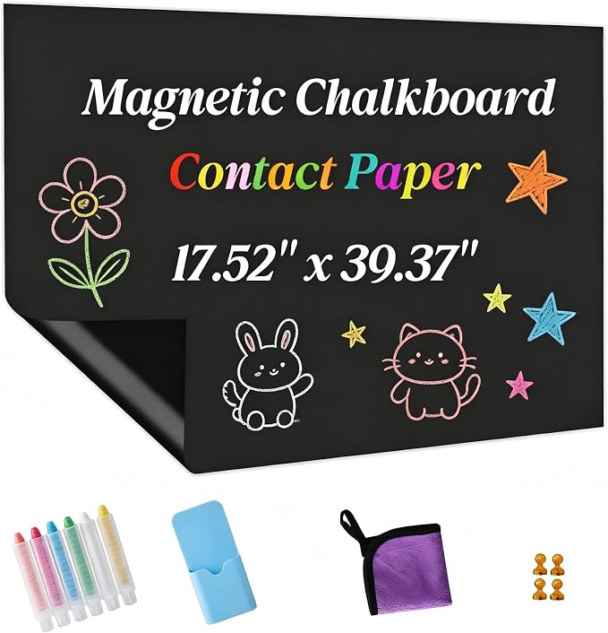 Magnetic Chalkboard Contact Paper Adhesive 17.52" x 39.37", Magnetic Chalkboards for Wall, Peel and Stick Wall Decal for Classroom Home Includes Dustless Chalks and Wiping Cloth