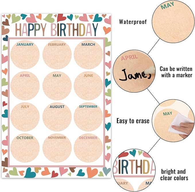 Happy Birthday Chart for Classroom, 2Pcs Boho Birthday Poster Decoration 17’’ x 12’’ Boho Birthday Cake Calendar Cutouts for School Bulletin Board, Chalkboards, Wall Decor